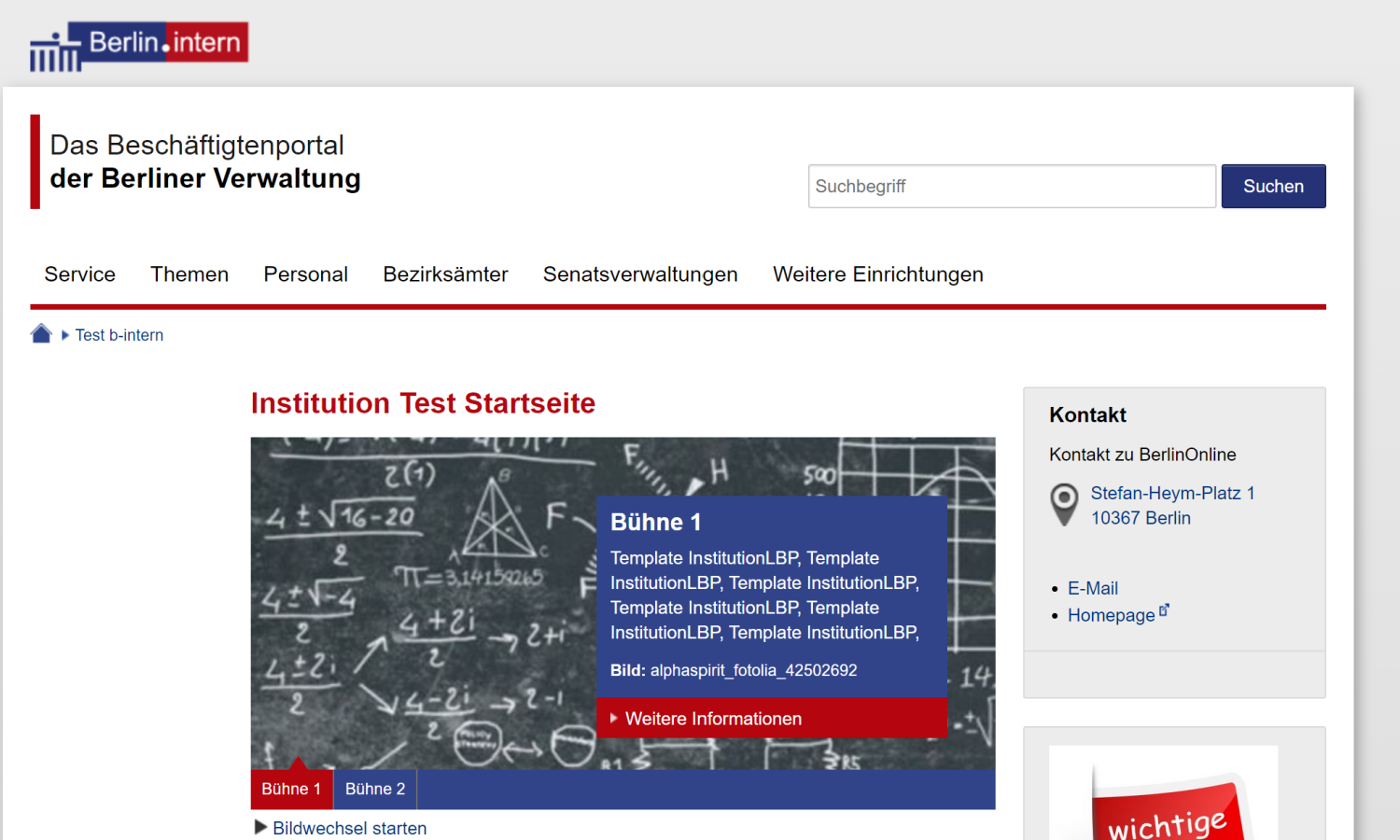 Beispiel der "Institution LBP"-Seite mit der Bühne (befüllt mit Testdaten) im Layout des Intranets und der dortigen Navigation.