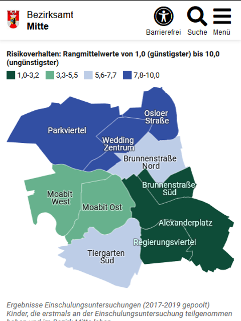 Das Flex-Modul Datawrapper in der mobilen Ansicht auf der Seite des Bezirksamtes Mitte. Die verschiedenen Kieze in Mitte sind farblich unterschiedlich gekennzeichnet und spiegeln die Anzahl der Kinder wieder, die erstmals an der Einschulungsuntersuchung teilgenommen haben. Unterhalb der Karte wird der Inhalt der Karte beschrieben und die Quelle genannt. 