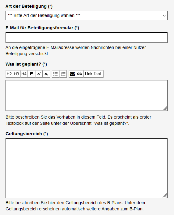 Ausschnitt aus der Bearbeitungsansicht des Bebauungsplans mit Feldern für die Art der Beteiligung, Kontakt-E-Mail, Vorhaben (Was ist geplant?) und dem Geltungsbereich